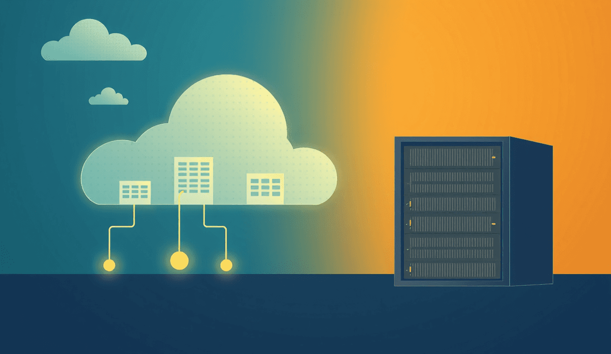 Ilustración editorial: plataforma cloud gestionada frente a un servidor propio