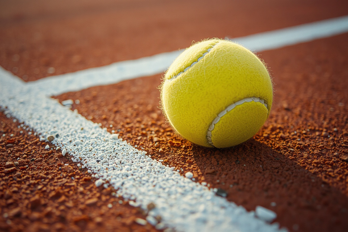 Pelota de tenis sobre polvo de ladrillo, junto a la línea de cal